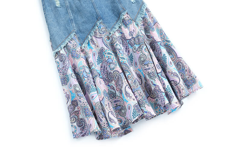 ポケット付きTシャツ×ベルト付きペイズリーコンビデニムスカート(2colors)