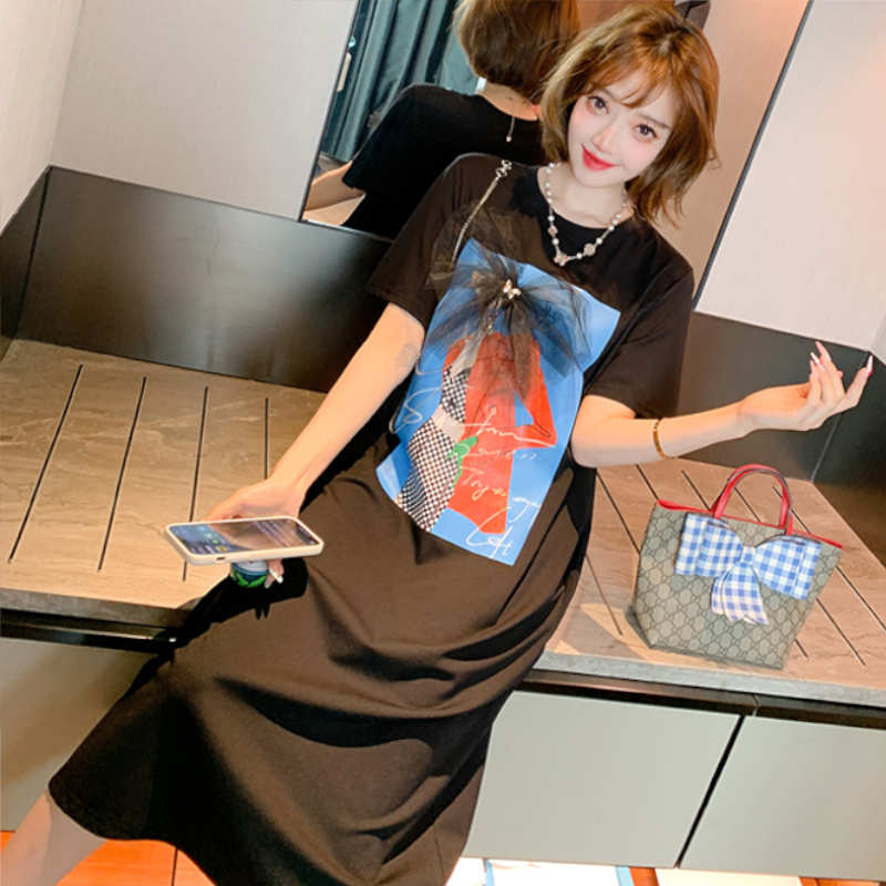 チェーン付きフロントプリントロングTシャツワンピース