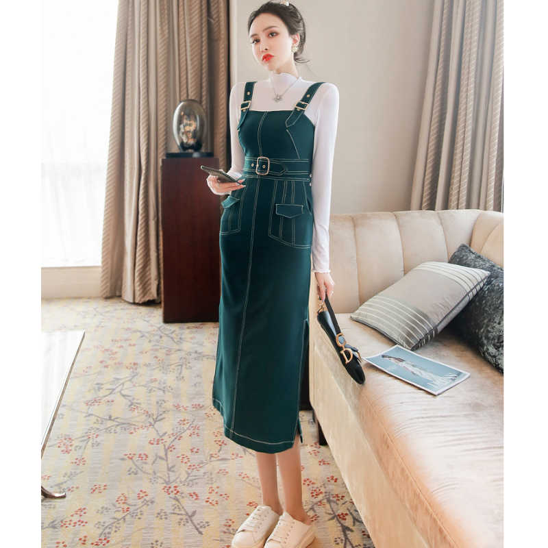 ボトルネックトップス×ステッチ入りサロペットタイトワンピース(2colors)