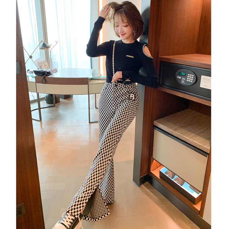 チェーン付きオープンショルダーリブトップス×スリット入りブロックチェックフレアパンツ【上下別売り可】