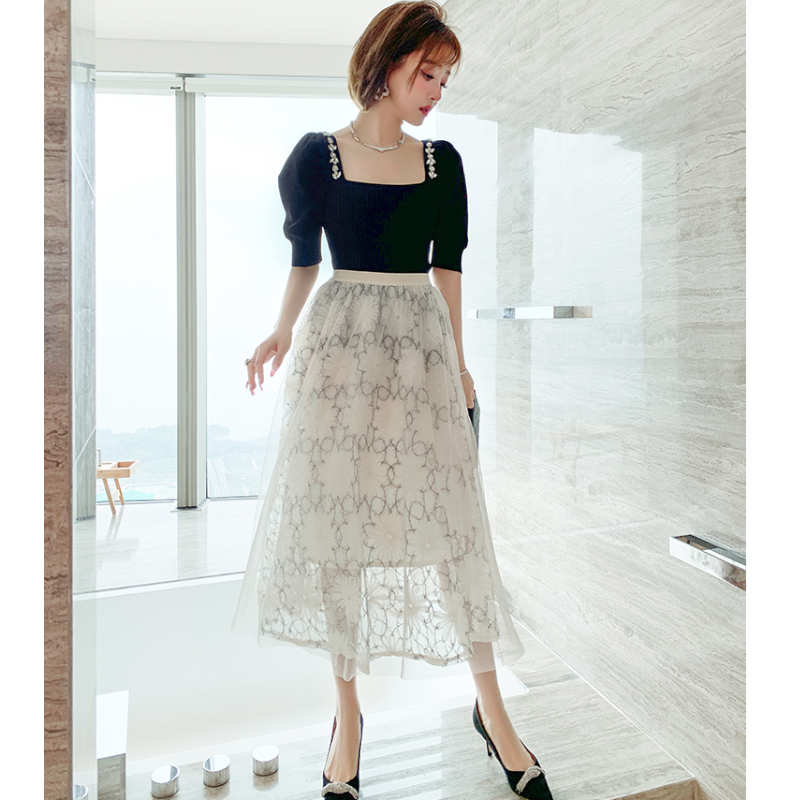 ビジューパワーショルダーニット×花柄チュールスカート【上下別売り可】