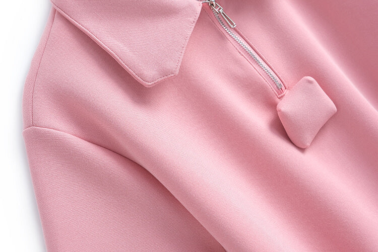 ウエストドローストリングジップアップポロシャツ×スリットロングスカート(2colors)