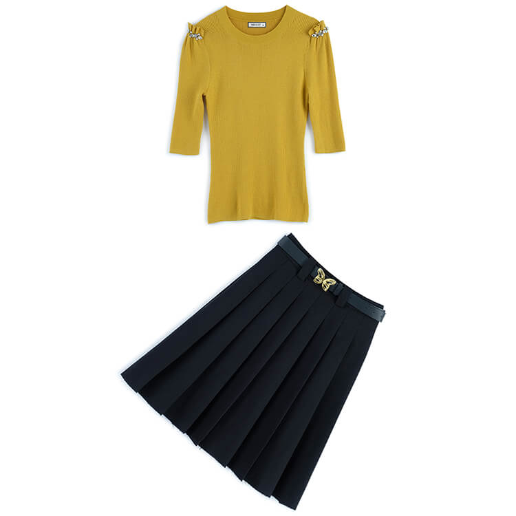 ショルダーフリルビジューニット×カットオフプリーツスカート【上下別売り可】