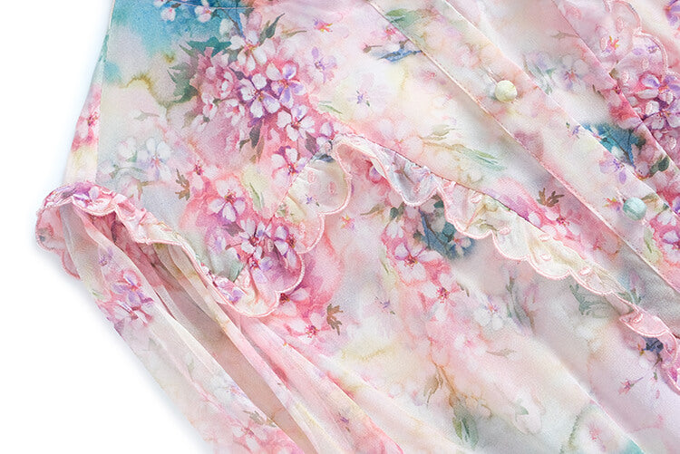 グラフィックフラワープリントフリルワンピース