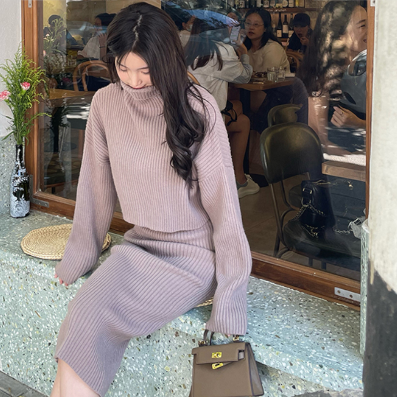 ハイネッククロップドニットトップス×ノースリーブニットワンピース(3colors)