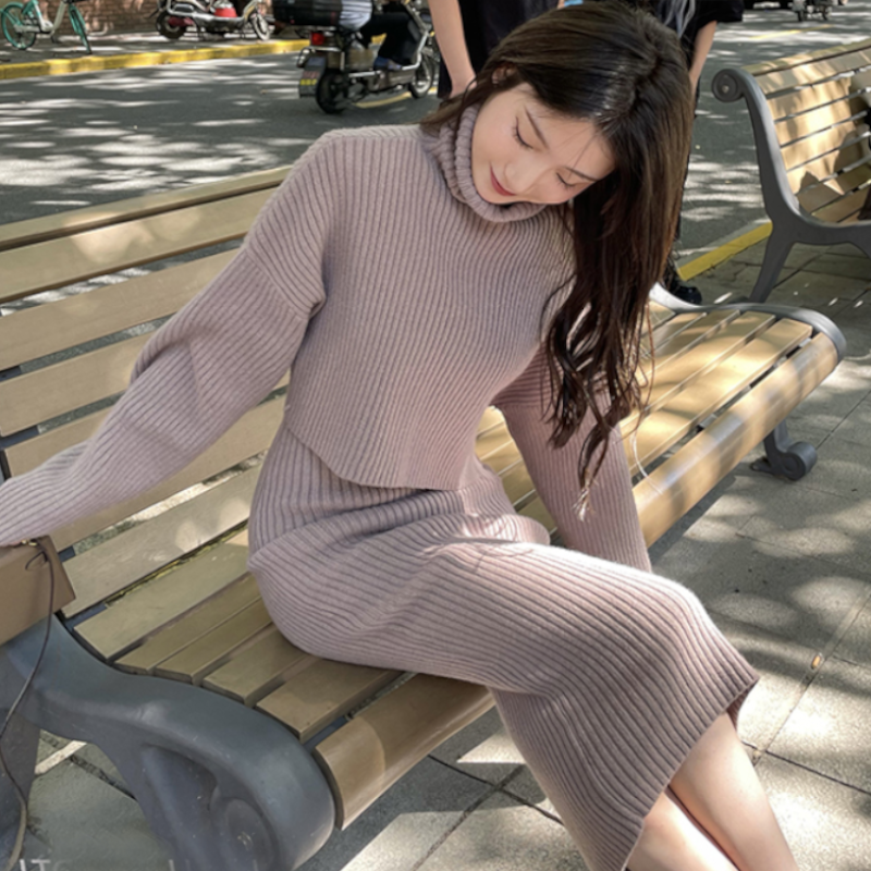 ハイネッククロップドニットトップス×ノースリーブニットワンピース(3colors)