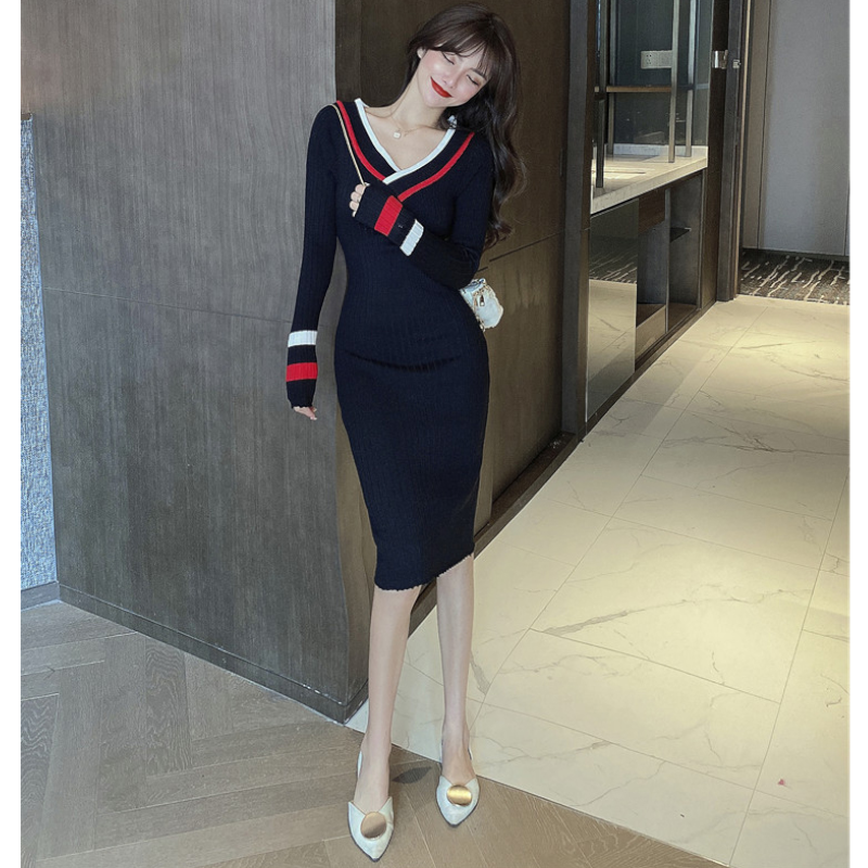 2WAYオフショルダーマルチラインニットワンピース(2colors)