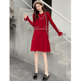 ライン入りニットベスト×フレアスリーブリブニットワンピース(2colors)